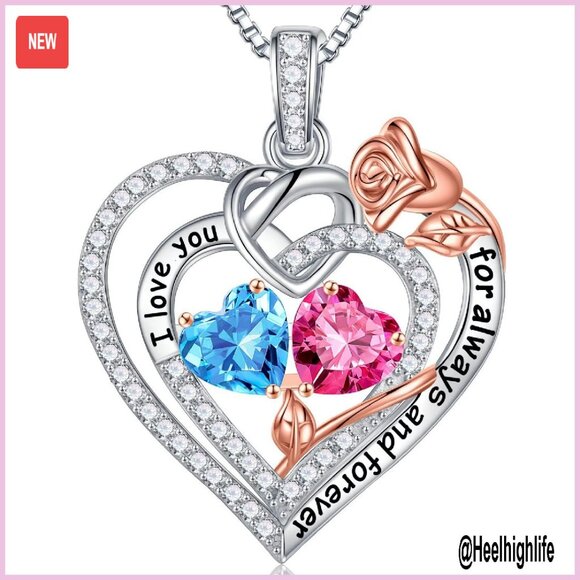 Jewelry - 925 Sterling Silver Double Birthstone Necklace Heart Pendant Gift